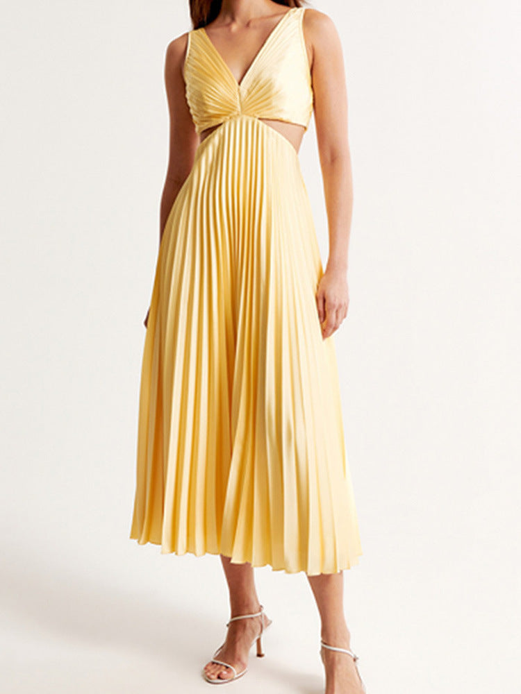 Ins Suspender Pleated Long Dress With Hollow-waisted Design Fashion V-neck Backless Dresses Summer Women's Garments Apparel / Clothing