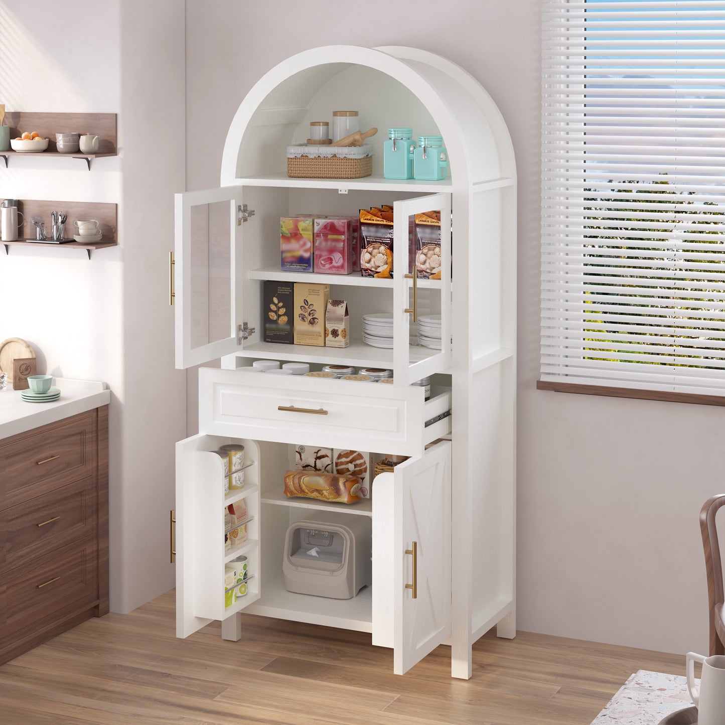 71  Tall Arched Kitchen Pantry Cabinet With Glass Door, Farmhouse Storage Pantry Cabinet With Adjustable Shelves & Barn Door Design For Kitchen, Living & Dining Room, White Furniture