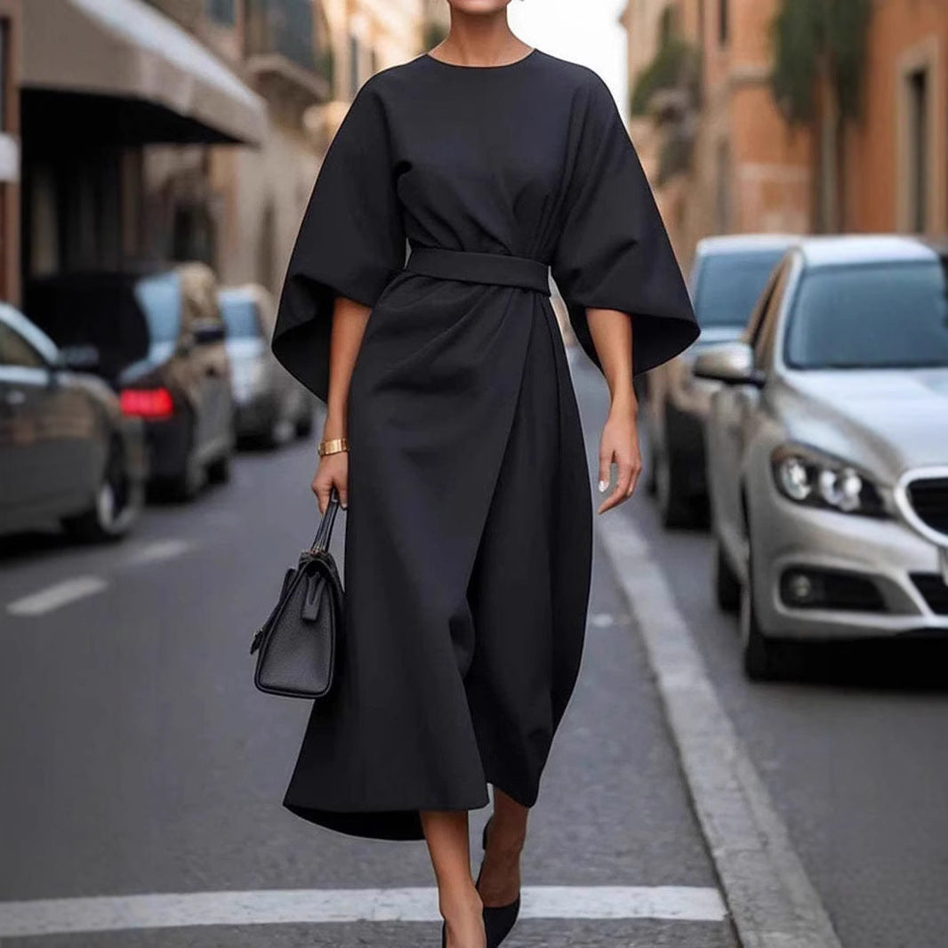Loose Batwing Sleeve Dress Fashion Waist-tighted Solid Color Elegant Dresses For Women's Garments Apparel / Clothing