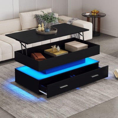 Hydraulic Lift Top Coffee Table, LED Coffee Tables With Storage For Living Room, Coffee Table With 2 Drawers & LED Light For Dining Reception Room, Black Furniture