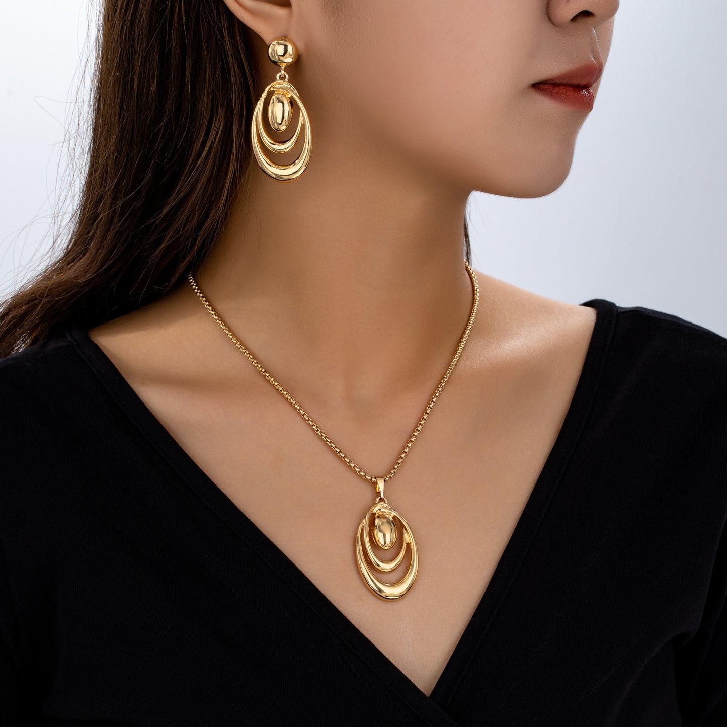 Fashion Creative Multi-ring Drop Shape Earrings Necklace Three-piece Set Jewelry & Accessories