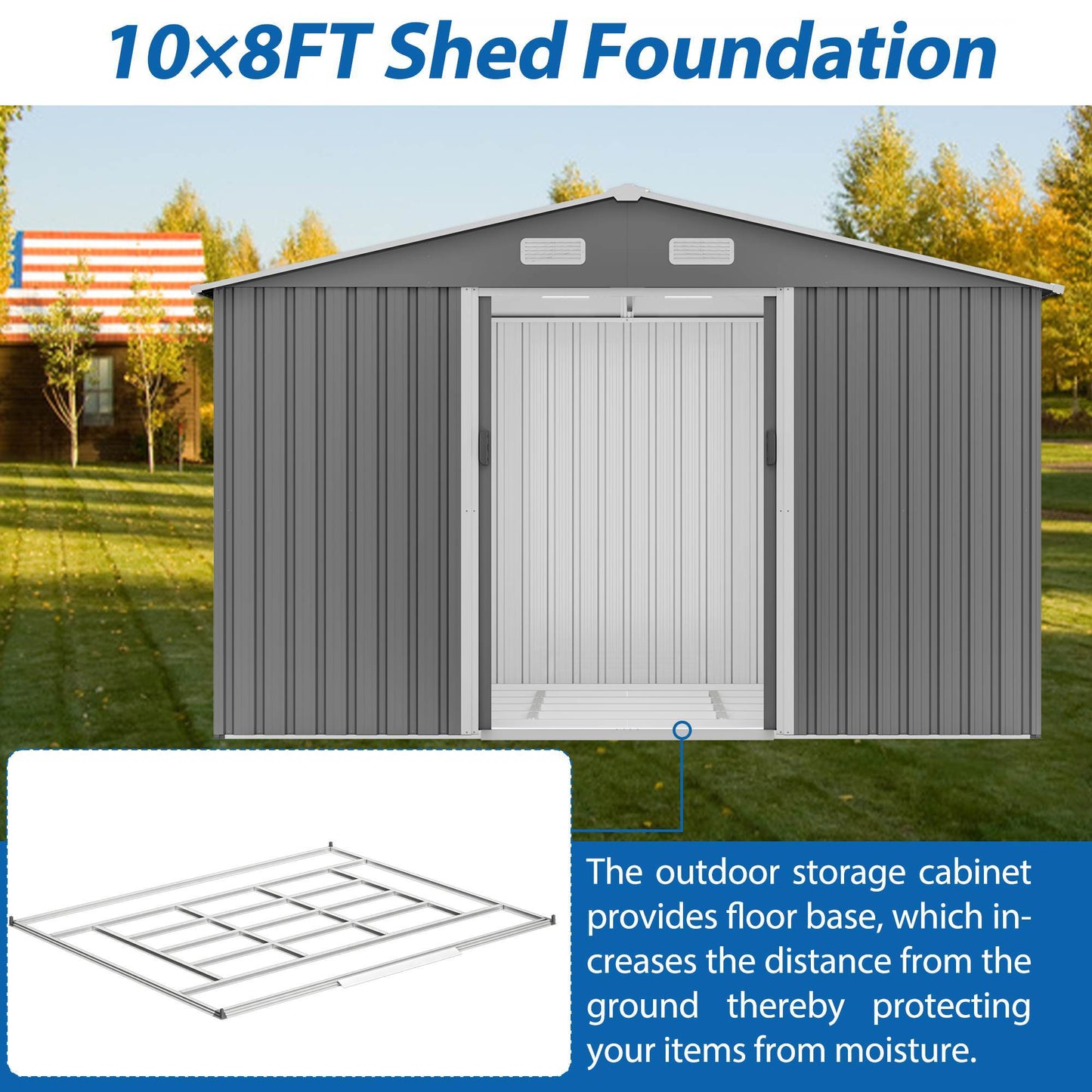 10X8 FT Outdoor Tool Storage Shed With Metal Foundation & Lockable Doors, All Weather Metal Sheds For Garden, Patio, Backyard, Lawn, Gray