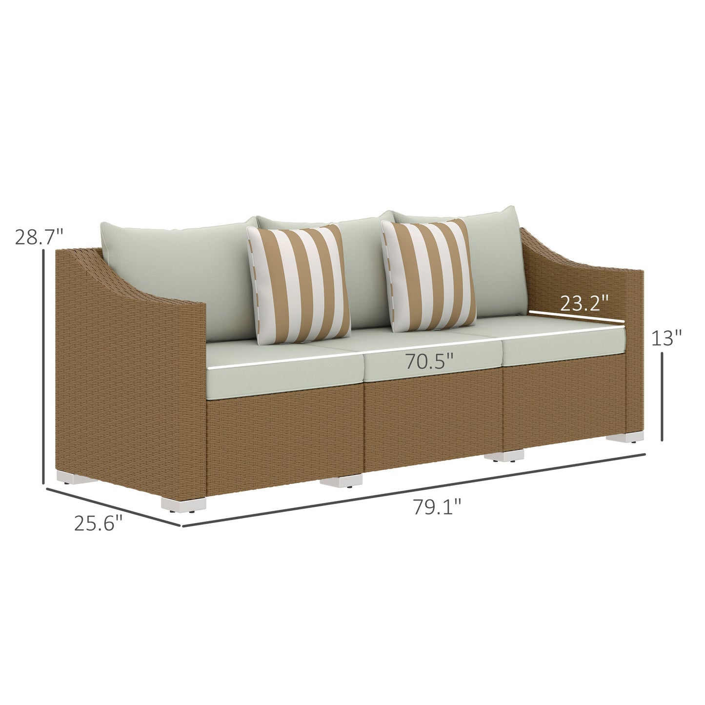 Rattan Wicker 3 Seater Patio Couch With Cushions, 2 Throw Pillows, Rattan Sofa, Light Gray Outdoor Garden Patio Furniture
