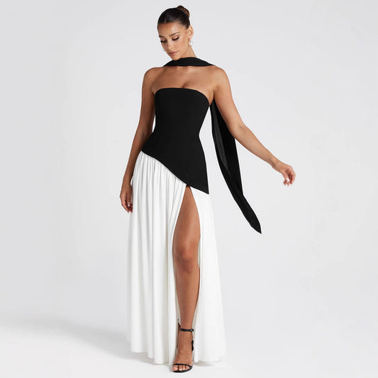 Spring And Summer New Color Matching Tube Top Sexy Off-the-shoulder Dress Women's Garments Apparel / Clothing