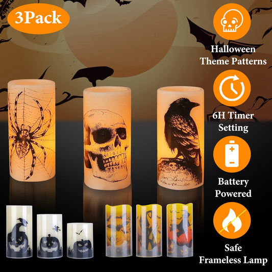3 Pack Halloween Flameless Candle Lamp With Timer Setting Battery Operated Warm Orange Light Candles For Halloween Party Decoration Home Ornaments