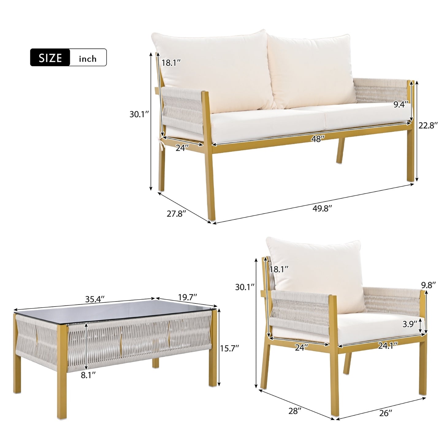 K&K 4-Piece Rope Patio Furniture Set, Outdoor Furniture With Tempered Glass Table, Patio Conversatio