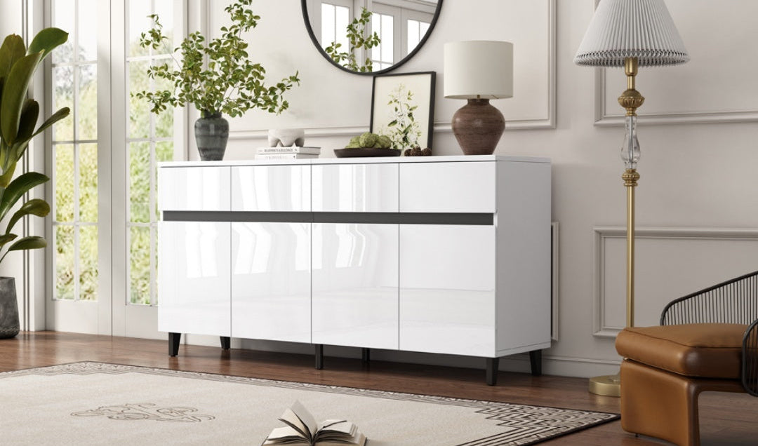 Storage Cabinet, Sideboard Buffet With 4 Drawers 4 Doors , Highboard Cabinet With Adjustable Shelves, Chest Of Drawers, Standing Cabinet, Cupboard Buffet For Living Room, Kitchen, 160X40X68cm, White Furniture