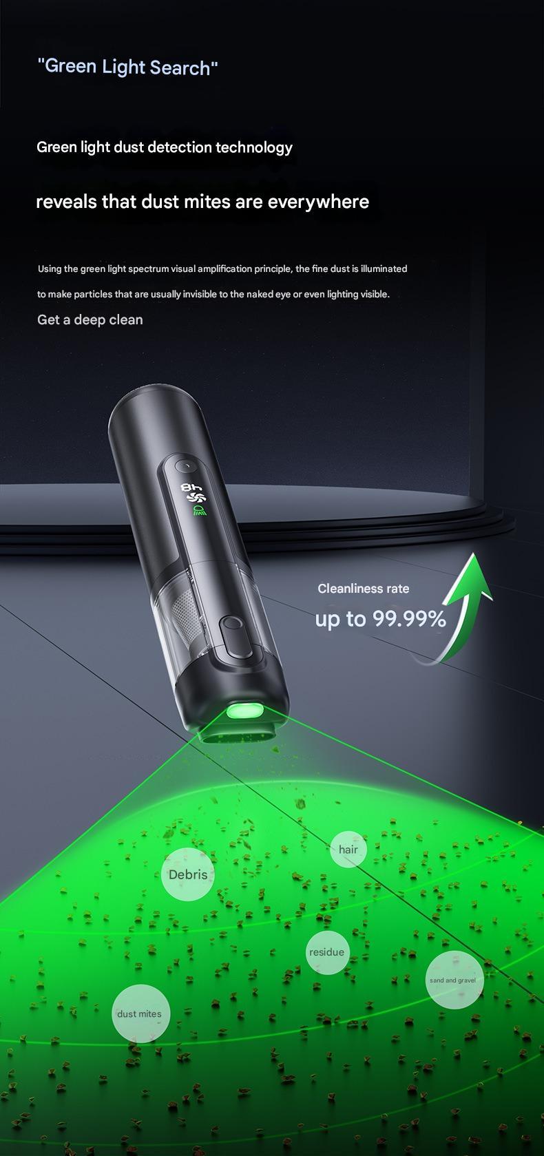 Green Light Dust-Detecting Handheld Car Vacuum Cleaner Wireless High-Suction Compact Portable Car Vacuum Cleaner For Vehicles Appliances Home Essentials