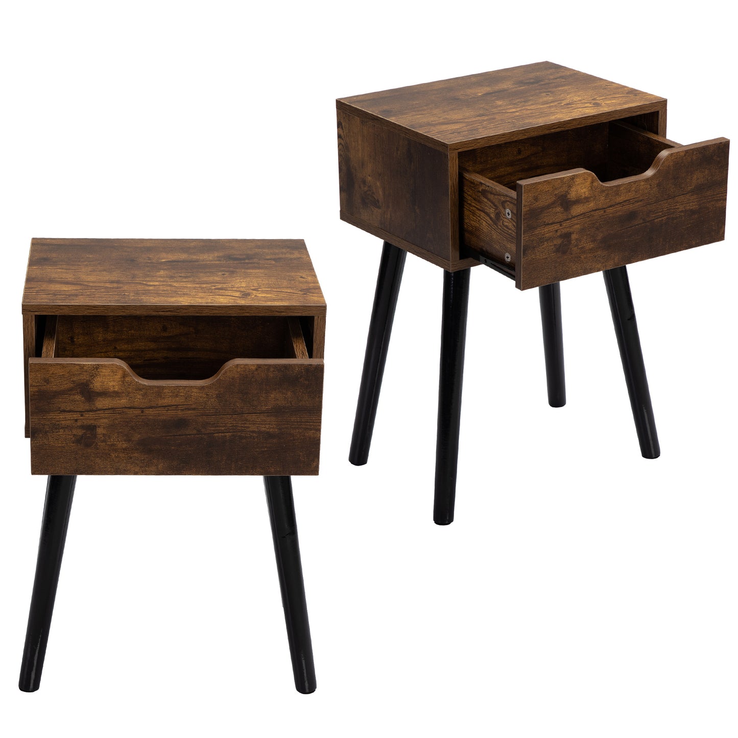Set Of 2 Mid Century Wood Side Tables W  Storage Drawer For Bedroom,Brown Black Furniture