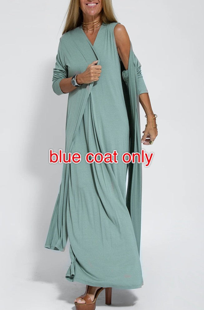 New Solid Color V-neck Sleeveless Dress Long Cardigan Jacket Suit For Women's Garments Apparel / Clothing