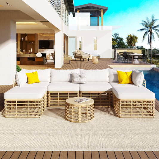 GO 7 Pieces All-Weather Rattan Sectional Sofa Set with Thick Cushions Outdoor Garden Patio Furniture