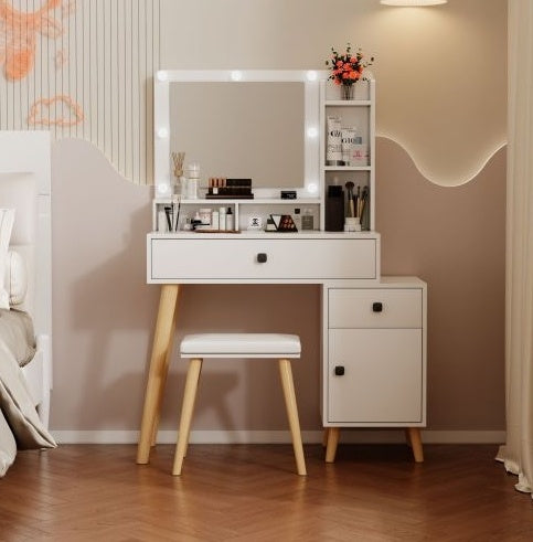 Dressing Table With Hollywood LED Mirror, Light Adjustable Brightness, Dressing Table, Padded Stool Set, White, Wooden Cosmetic Table With Drawer And Storage Cabinet Bedroom Furniture