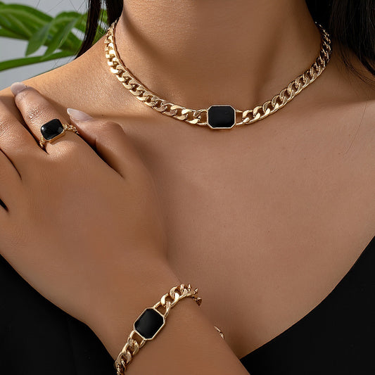 Geometric Square Chain Necklace Bracelet Ring Jewelry Set Jewelry & Accessories