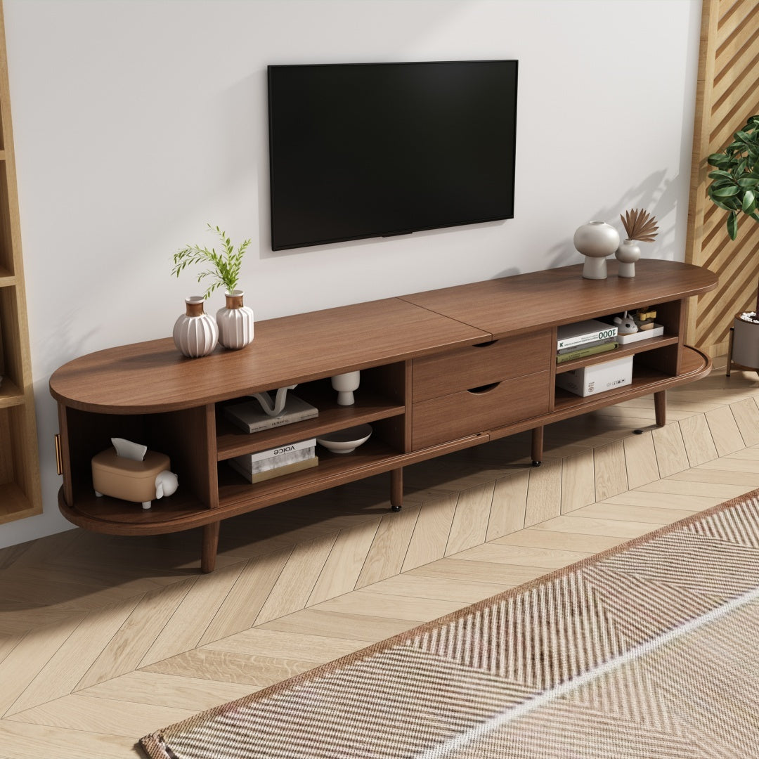 TV Stand With 2 Drawer 2 Sliding Doors 2  Tier Storage Shelf,Oval TV Cabinet Storage Sideboard With Rounded Corners For Livingroom Bedroom,175X40X42cm,Dark Oak,MDF,weight Capacity 30kg,for 70inch TV Furniture
